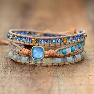JIEIIFAFH Women Bracelets Natural Opal Stone Rhinestone 3 Rows Leather Wrap Bracelet Fancy Femme Boh