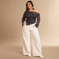 Plus Size Women's Polka Dot Print Asymmetric Hem Long Sleeve Fashion T-Shirt,Y2K, Baddie Style, Suit