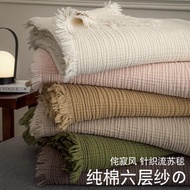 A Knitted Cotton Gauze Blanket100100% Cotton Tassel Blanket Shawl Blanket Retro Sofa Nap Blanket
