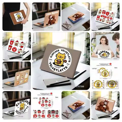 2PCS Cute Coffee Cat Laptop Skin Sticker, Retro Cartoon Velvet Latte Logo Decal Cover for Macbook HP