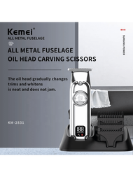 Kemei Km-2831數碼usb充電金屬理髮剪切機,小巧設計金屬機身專業修剪髮型,附基座