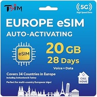 TSIM Europe Prepaid eSIM 28 Day with Callhome | 20GB 5G/4G Speed Data | Unlimited Local Calls + 100 