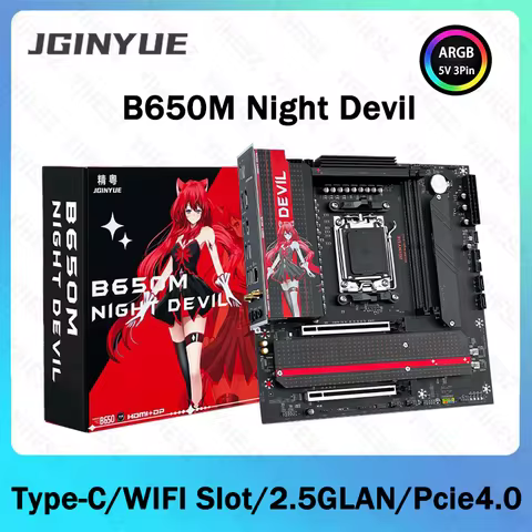 JGINYUE B650M Night Devil Motherboard Supprot Ryzen 7500F/7600X/9600X/7700/7800X3D CPU 2*16GB DDR5 6