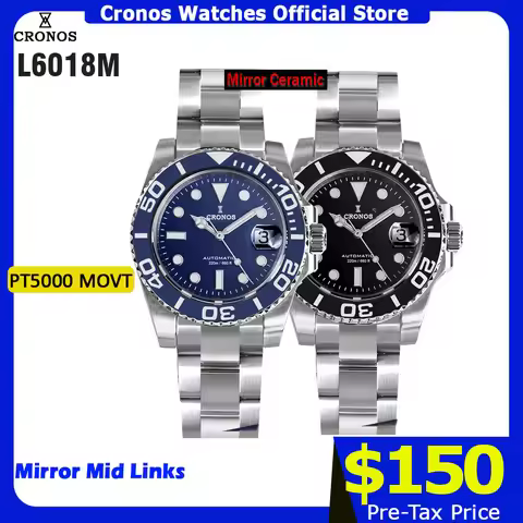 Cronos Sub Diver Men Watch Stainless Steel PT5000 Bracelet Ceramic Bezel 200 meters Water Resistant 