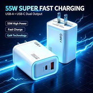 Fast charging charger Dual port adapter USB & Type-C dual ports 55W Super Fast charger Quick charger