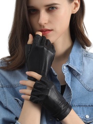 Women Fingerless Leather Gloves Driving Leather Gloves Motorcycle Biker Gloves Unlined Half Finger