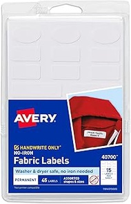 AVERY No-Iron Kids Clothing Labels, Washer and Dryer Safe, Writable Fabric Labels, 45 Assorted Shape