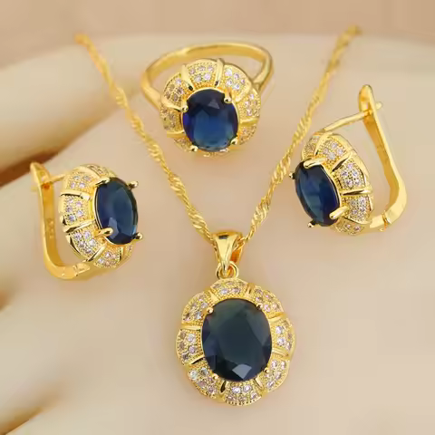 Classic 18K Gold Plated Bridal Jewelry Sets for Women Blue Crystal Club Earrings Necklace Pendant Ri