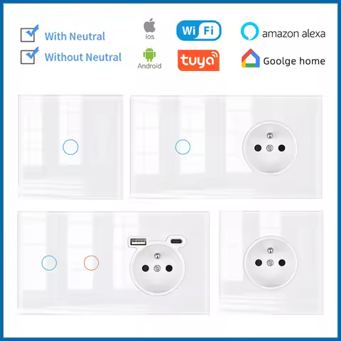 SRAN French Wall Switch WiFi and Not WiFi Socket, Full Screen Glass Panel Smart Switch 1/2/3Gang Tuy