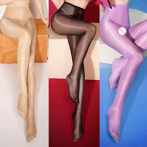 Women 30 Deniers Oil Shine High Waist Tights Glitter Pantyhose Open Crotch Shiny Lustre Shaping Legs