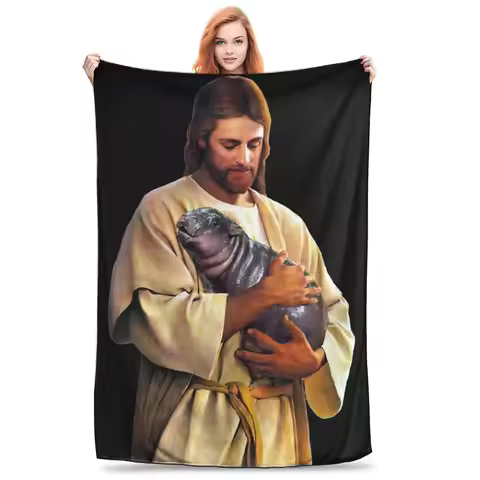 Jesus Carrying Moo Deng Throw Blanket for Couch Hippo Baby Animals Fuzzy Soft Plush Blanket 50x60 In