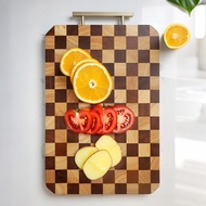 Checkered Rubberwood Cutting Board, Thick Butcher Block with Stainless Steel Handle