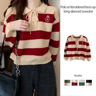 SLEmbroidered Lace-up Knitwear Fashion Striped Turn-down Collar Top Women Niche Sweet Knitwear