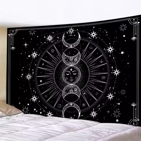 Mysterious Sun & Moon Tapestry Wall Hanging - Black & White Astrology Chart Decor, Suitable for Livi