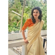 Kain saree Kerala style cream color ready stock