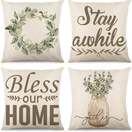 Leave Garland "Stay awhile" Pattern Pillow Case Linen Cushion Cover 40x40/45x45/50x50/60x60cm