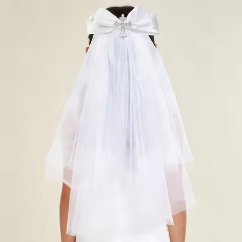 White Bow and Cross Veil Girls First Communion Accessories Veil Headwear for Christening Dress Up Ex