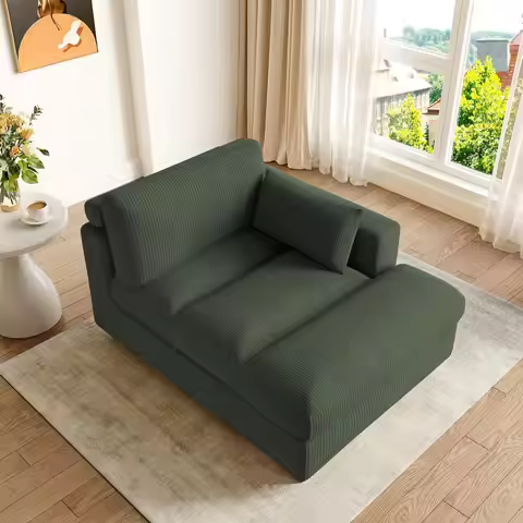 Chaise Lounge Indoor, Oversized Corduroy Sofa Chair with Left Armrest and Throw Pillows for Bedroom,