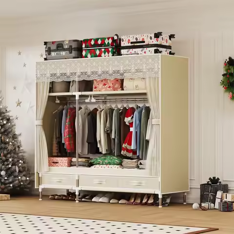 Simple wardrobe, durable and practical, easy to assemble, Christmas atmosphere, mesh cover and drawe