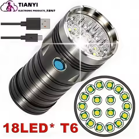 High-Power T6 Flashlight 18 LED Bright Lights USB Rechargeable with 4 X 18650 Li-ion Batteries Alumi