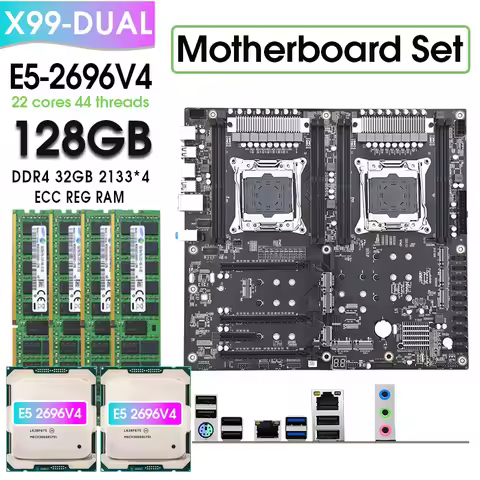 X99 Dual Motherboard Set combo kit with XEON E5 2696 V4 *2 and 4*32G= 128GB 2133MHz DDR4 ECC REG Mem