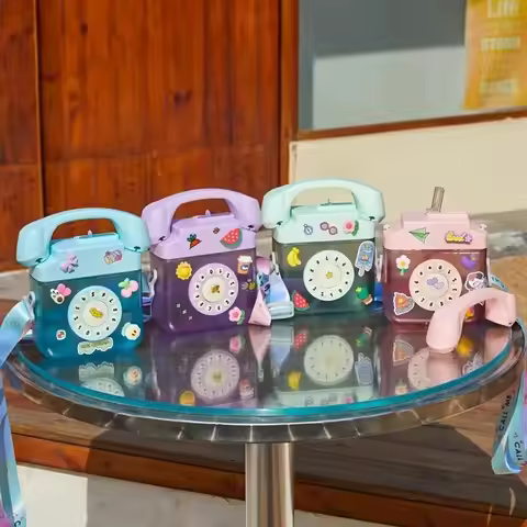 Kawaii Straw Bottle with Sticker Strap Children Outdoor Kettle Telephone Shape Water Bottle Plastic 