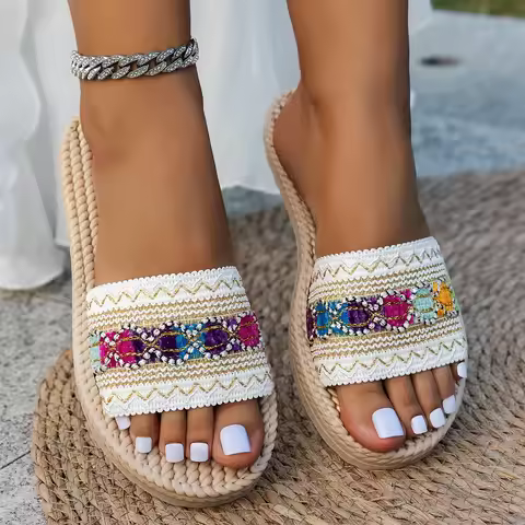 Women Shoes Summer Ladies Beach Slippers Outdoor Sandals Bohemian Style Handmade Platform Slippers F