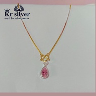 Kr silver สร้อยคอเงินแท้ สามกษัตริย์ พร้อมจี้เงินแท้ พลอยชมพูหยดน้ำ สร้อยคอเส้นเล็ก ขนาด 1 มิล ยาว 1
