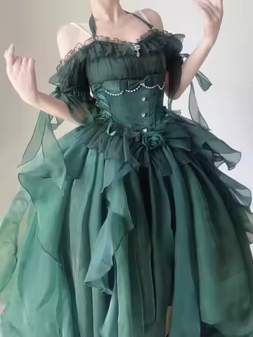 Elegant and noble Lolita wedding dress Green Flower Lolita op Dress Lolita Heavy Industry Trail Puff