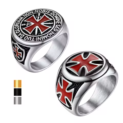 U7 Stainless Steel Round Knight Templar Rings Red Glaze Cross The Temple of Solomo Crusader Cross Ma