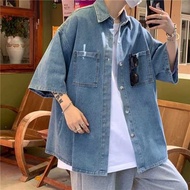 kemeja lelaki pink kemeja lelaki baby blue kemeja lelaki original Baju lengan pendek lelaki tampan Jepun musim panas jaket denim separuh lengan nipis lelaki pakaian kasual ulzzang