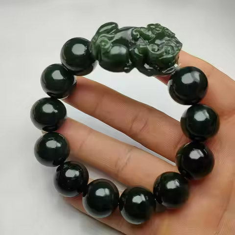Certified Genuine Natural Dark Green Hetian Jade Bead Pixiu Bangle Bracelet