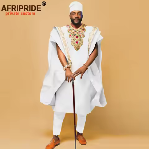 African Men`s Clothing Embroidery Agbada Shirts Pants and Hats 4 Piece Set Traditional Garments for 