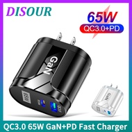 DISOUR Original 65W GaN Fast Charger Type-C PD+QC3.0 USB 5V/6.6A 9V/3A 12V/2.75A 20V/1.67A Quick Charging For IOS Android For Xiaomi Redmi iPhone Huawei Oppo Vivi Infinix Charge Cable