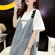 Containing Cotton Denim Stitching Fake Two-Piece Plus Size Short-Sleeved Dress Women Loose Half-Sleeved T-Shirt Trendy Cotton Denim Stitching Fake Two-Piece Plus Size Short-Sleeved Dress Women Loose Half-Sleeved T-Shirt Tren