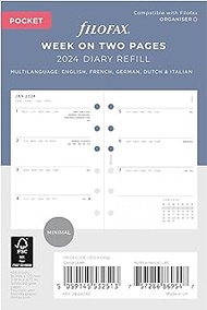 Filofax Calendar Diary Refill, Pocket Size, Week-to-View, Minimal Diary Pack, White Paper, Multilingual: Five Languages, 2024 (C68290-24)