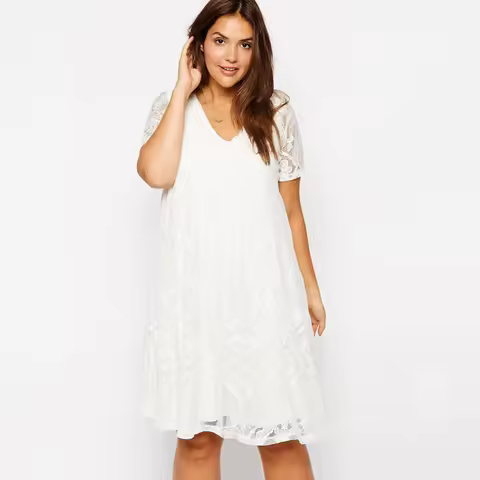 Plus Size Summer Elegant Lace Dress Women Short Sleeve Loose Casual Swing Dress Knee Length Dress Fo