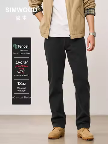 SIMWOOD 2026 Autumn New Loose Straight 13oz Elastic Fabric Jeans Men Washed Vintgae Basic Black Deni