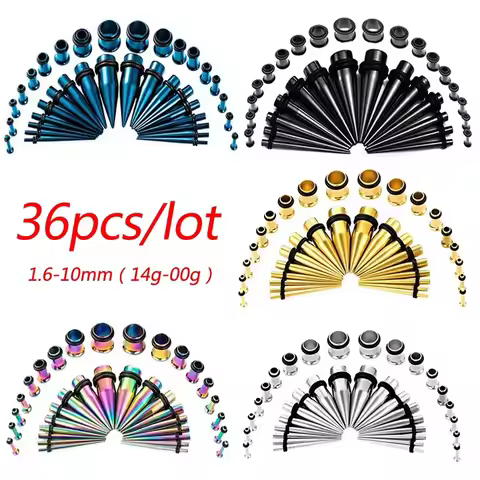 36PCS/Lot 14G-00G Stainless Steel Ear Gauges Stretching Kit Tapers Plugs Eyelets Ear Tapers and Plug
