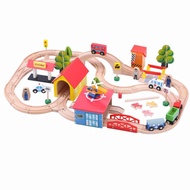 69 Pcs Wooden House &amp; Train Track Expansion Set with Fishing Toys