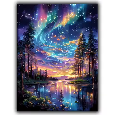 Diamond Painting Aurora Borealis Northern Lights Diamond Painting Magical Starry Galaxy Sky Forest R