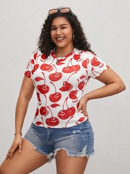 SHEIN EZwear 大尺碼女士櫻桃水果和字母印花圓領短袖休閒T恤，夏季必備
