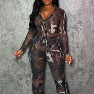 Bộ 2 áo tay dài in họa tiết camo thanh lịch cỡ lớn cho nữ và quần ống loe