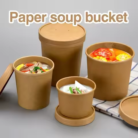 10PCS Disposable Kraft Paper Bucket Bowl 8oz/12oz/12oz with Lid Takeaway Packing Boxes Hot Soup Bowl