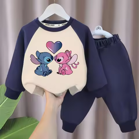 DISNEY Stitch Print Boys Girls Spliced Sweatshirt 2-PC Sets Kids O Neck Hoodies and Trouser 2pcs Set