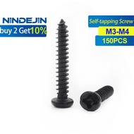 NINDEJIN 150pcs Cross Round Head Phillips Self-Tapping Screw Carbon Steel Wood Screw - M3/M3.5/M4