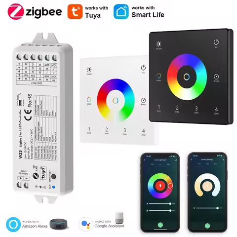 WZ5 Tuya Zigbee LED Controller 12V 24V DC 5 in 1 RGBCCT Dimmer 6PIN RGBCW LED Strip Light 2.4G RF To