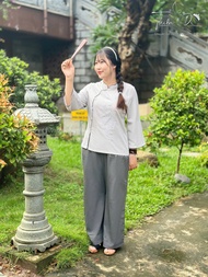 Pháp phục lễ chùa đồ lam đi chùa nữ trẻ đẹp Thiên Di chất liệu Linen cao cấp thêu hoa sen D13