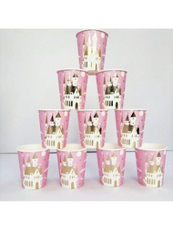10/20 chiếc cốc giấy sinh nhật công chúa lâu đài màu hồng, đồ dùng trang trí tiệc lâu đài công chúa
