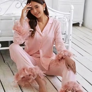 T New Style European American Knitted Pink Pajamas Set Feather Long-Sleeved Trousers Two-Piece Suit 